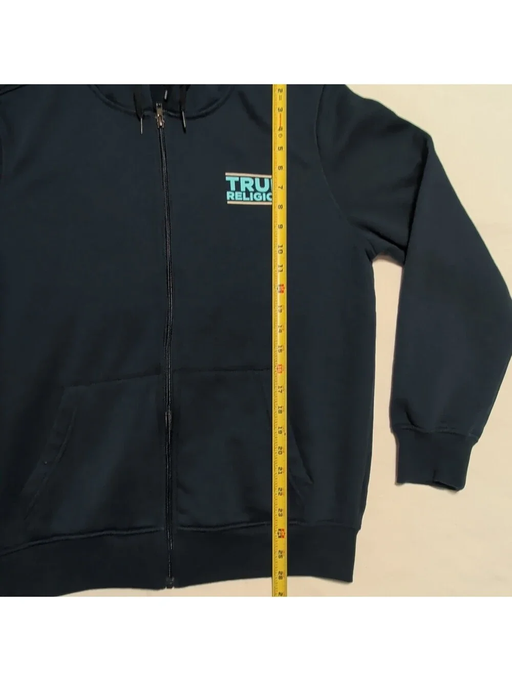 True Religion Men's Full Zip Hoodie Navy Blue Buddha Guitar Graphic Size S